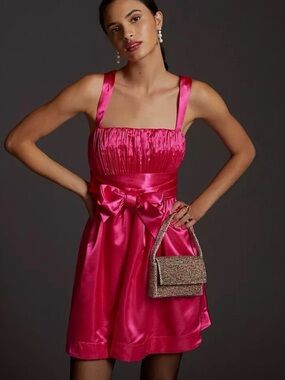 NWT Anthropologie Maeve Bow-Tie Satin Mini Dress in Fuchsia Pink